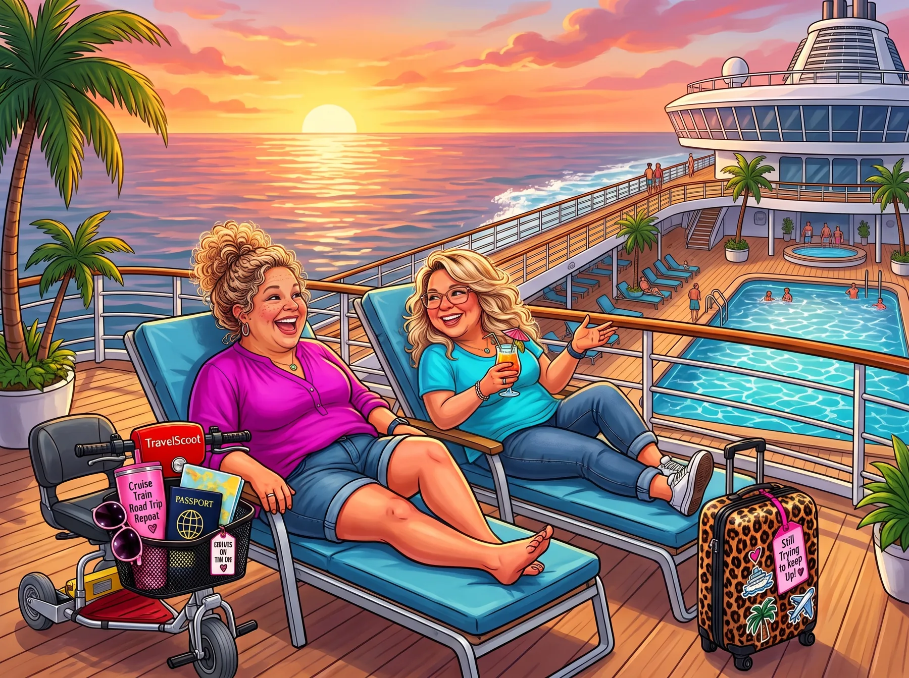 Illustration of two friends relaxing on a cruise ship deck at sunset